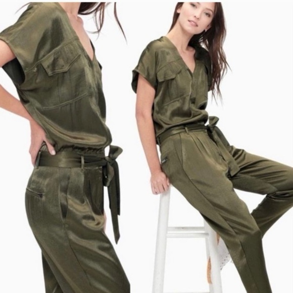 NWOT - Splendid Olive Green Hammered Satin Jumpsuit